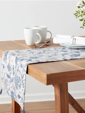 Threshold Blue Floral Cotton Long Table Runner on Cream Ground